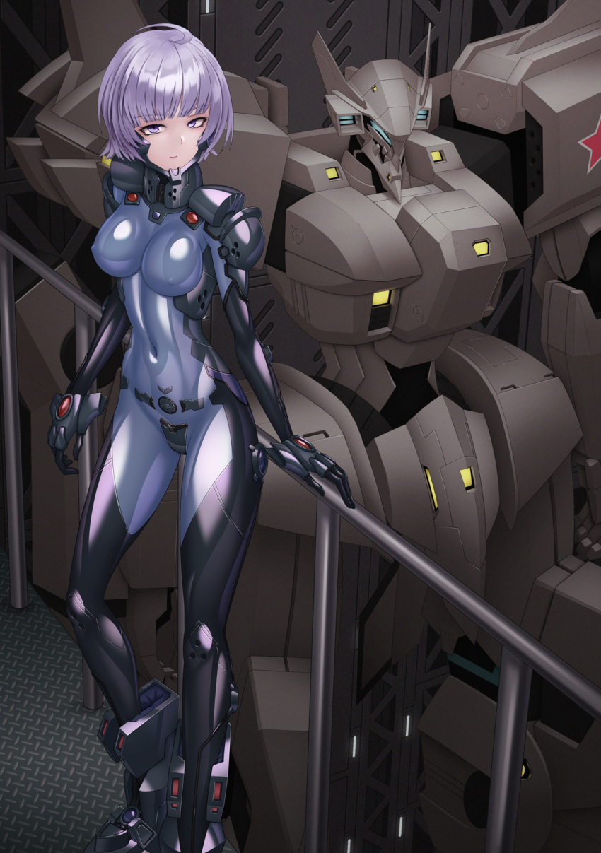 against_railing ahoge armored_bodysuit black_bodysuit blue_bodysuit bodysuit breasts commentary_request covered_navel female fortified_suit headgear highres impossible_bodysuit impossible_clothes kurione_(zassou) looking_at_viewer mecha medium_breasts muv-luv muv-luv_alternative original purple_eyes purple_hair railing robot shiny_clothes short_hair skin_tight solo standing two-tone_bodysuit very_short_hair