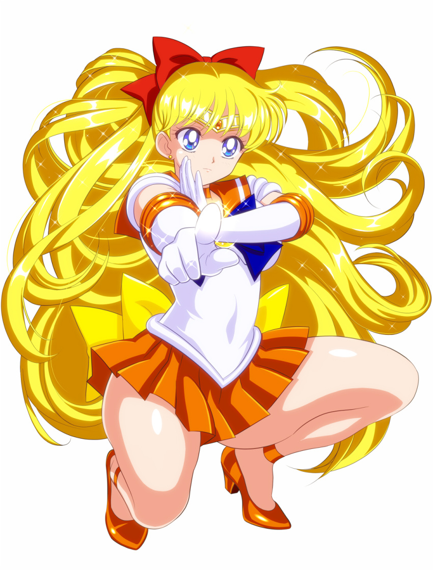 aino_minako bishoujo_senshi_sailor_moon blonde_hair blue_eyes bow bowtie choker covered_navel elbow_gloves female full_body gloves high_heels highres legs long_hair miniskirt orange_choker orange_hair orange_sailor_collar orange_skirt pirochi pleated_skirt pointing pump red_bow red_bowtie sailor_collar sailor_senshi sailor_senshi_uniform sailor_venus simple_background skirt solo squatting very_long_hair white_background white_gloves