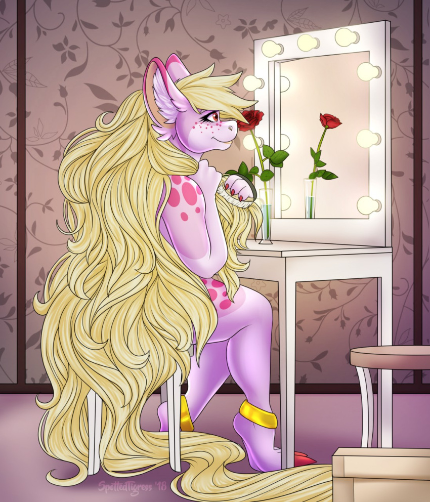 anthro blonde_hair brush brushing brushing_hair dragon female flower fur furred_dragon furred_scalie hair hi_res inside long_hair mythological_creature mythological_scalie mythology nude personal_grooming pink_body pink_fur plant red_eyes rose_(flower) scalie sitting solo styling_hair tiggybloom