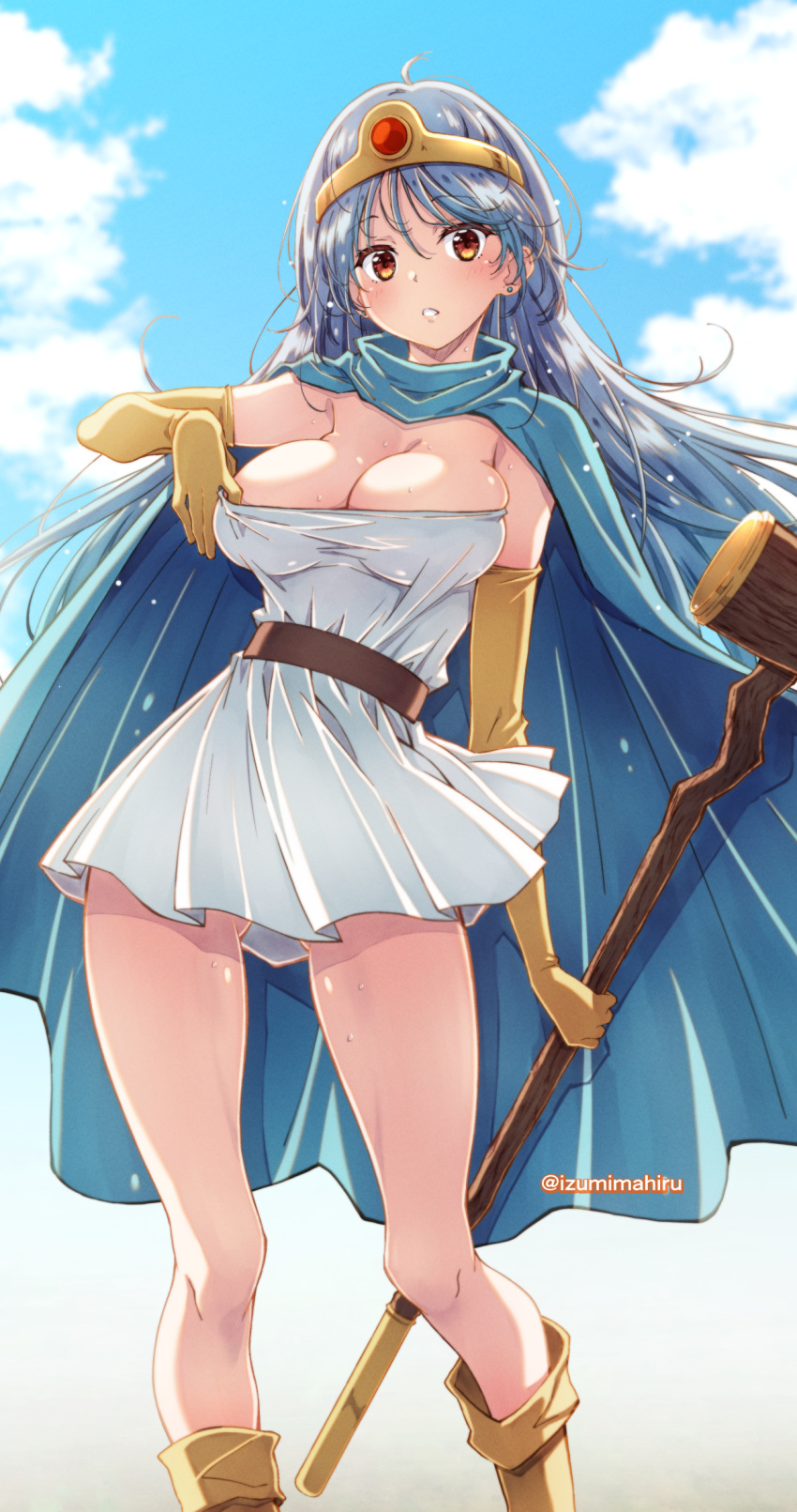 :o bare_legs belt blue_cape blue_hair blush boots breasts brown_belt cape circlet cleavage dragon_quest dragon_quest_iii dress elbow_gloves female gloves highres izumi_mahiru large_breasts long_hair looking_at_viewer outdoors red_eyes sage_(dq3) short_dress sleeveless sleeveless_dress solo staff standing twitter_username yellow_footwear yellow_gloves