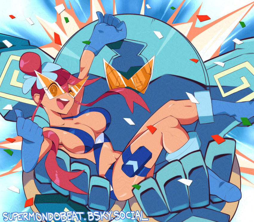 blue_eyes blue_footwear blue_slingshot_swimsuit breasts female gloves golurk hair_ornament highres holding kamina_shades large_breasts long_hair looking_at_viewer one_side_up open_mouth pokemon pokemon_(creature) pokemon_bw pokemon_bw2 red_hair sky skyla_(pokemon) slingshot_swimsuit smile supermondobeat swimsuit tengen_toppa_gurren_lagann