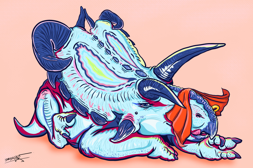 2024 absurd_res beak bedroom_eyes blue_body blue_eyes blue_scales bone_frill ceratopsian claws cloth digital_drawing_(artwork) digital_media_(artwork) dinosaur eyelashes facial_piercing female feral frill_(anatomy) full-length_portrait hi_res horn licking licking_lips lokiceratops lying multicolored_body namosaurus narrowed_eyes nose_piercing nose_ring on_front ornithischian piercing pink_background pinup portrait pose prehistoric_species raised_foot reptile ring_piercing scales scalie seductive simple_background smile smirk solo tongue