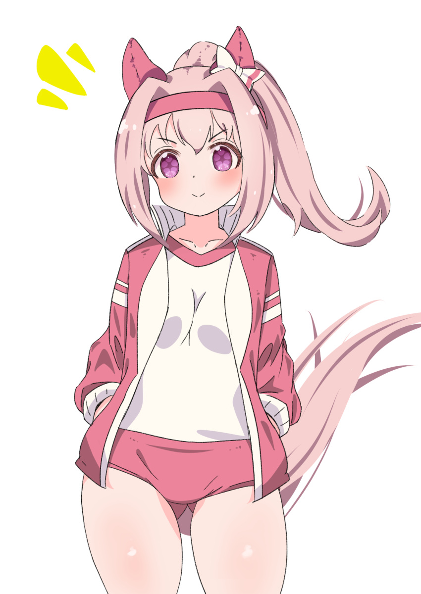 animal_ears ass_visible_through_thighs blush bow buruma commentary ear_bow ear_covers female flower-shaped_pupils flower_in_eye gym_uniform hair_intakes hands_in_pockets haru_urara_(umamusume) headband highres horse_ears horse_girl horse_tail jacket long_hair pink_eyes pink_hair ponytail red_buruma red_headband red_jacket saburo_(zwzf5873) shirt smile solo symbol-shaped_pupils symbol_in_eye tail thighs track_jacket umamusume white_shirt