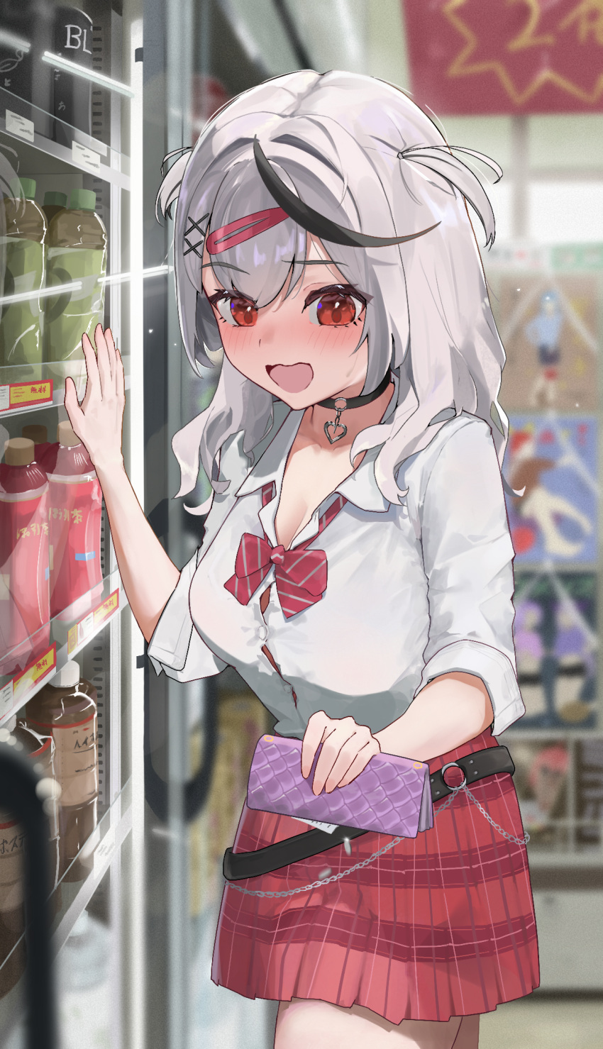 bag black_choker black_hair blurry blush bottle breasts choker commentary_request convenience_store cowboy_shot depth_of_field female grey_hair hand_up highres holding holding_bag hololive indoors large_breasts long_hair looking_down open_mouth red_eyes red_skirt sakamata_chloe school_uniform shirt shop skirt sleeves_rolled_up solo toake_(user_affe3424) two_side_up vending_machine virtual_youtuber white_shirt