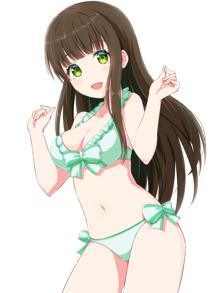 :d bare_arms bikini blunt_bangs bow bow_bikini breasts brown_hair cleavage cowboy_shot frilled_bikini frills gochuumon_wa_usagi_desu_ka? green_bikini green_bow green_eyes halterneck hands_up highres kec_(kc0611) long_hair looking_at_viewer medium_breasts navel open_mouth sidelocks simple_background smile straight_hair striped_bow swimsuit ujimatsu_chiya white_background