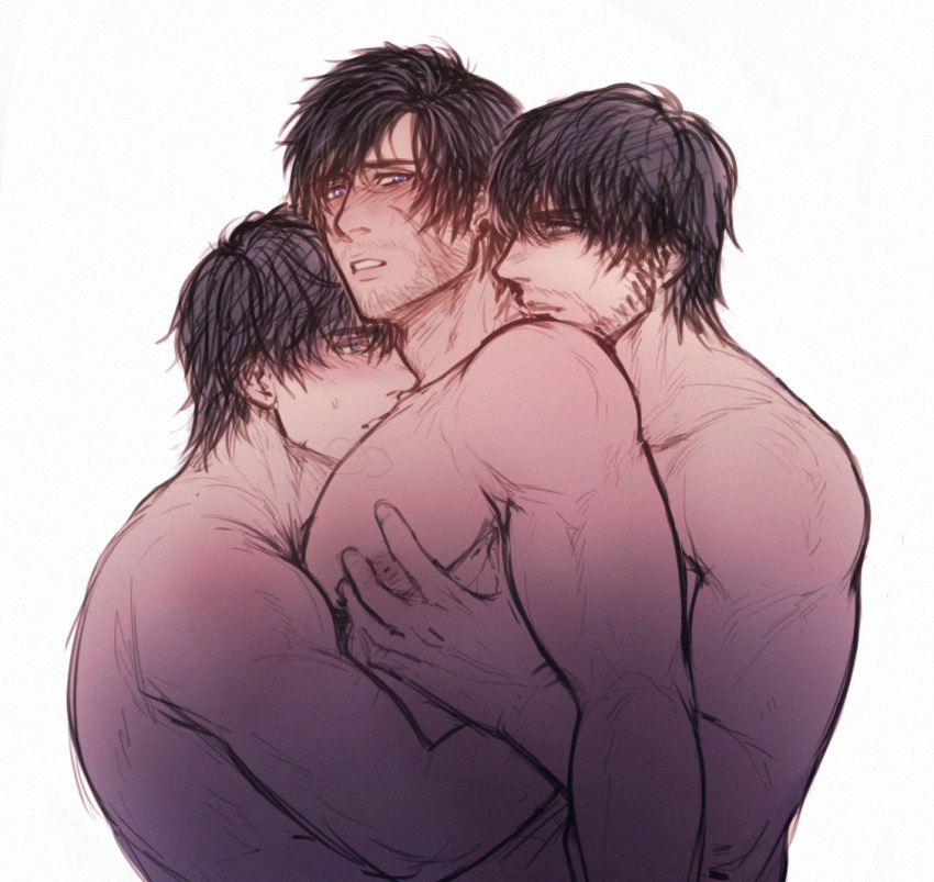 3boys bara barnabas_tharmr black_hair blush boy_sandwich clive_rosfield clone facial_hair final_fantasy final_fantasy_xvi hug large_pectorals male_focus multiple_boys muscular muscular_male nipples pectoral_grab pectorals sandwiched short_hair simple_background upper_body vivalewd white_background yaoi