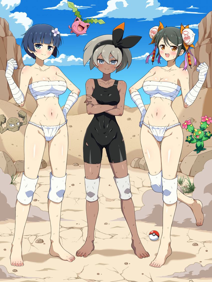 3girls :3 abs absurdres ass_visible_through_thighs bandaged_arm bandaged_hand bandages baozi baozi_hair_ornament barefoot bea_(pokemon) black_bodysuit black_hair black_hairband black_singlet blue_eyes blue_flower blue_hair blue_sky blush body_blush bodysuit bow_hairband bowl_cut breasts budget_sarashi bun_(food) cactus canyon cleavage clenched_hand closed_mouth cloud collarbone commission crossed_arms dark-skinned_female dark_skin day desert dirty dust_cloud eggman_(pixiv28975023) firecrackers flower flying food food-themed_hair_ornament fundoshi fuse geodude grass grey_eyes grey_hair groin hair_between_eyes hair_flower hair_ornament hairband hand_on_own_hip highres hoppip japanese_clothes knee_pads large_breasts linea_alba looking_at_viewer maractus meimei_(senran_kagura) multiple_girls open_mouth orange_eyes outdoors pink_flower poke_ball poke_ball_(basic) pokemon pokemon_(creature) pokemon_bw pokemon_gsc pokemon_rgby pokemon_swsh purple_ribbon ribbon rock sarashi senran_kagura senran_kagura_new_wave senran_kagura_shinovi_versus shiny_skin short_hair singlet skeb_commission sky small_breasts smile spikes standing teeth thigh_gap torn_bodysuit torn_clothes torn_fundoshi torn_sarashi torn_singlet upper_teeth_only yellow_eyes yozakura_(senran_kagura)