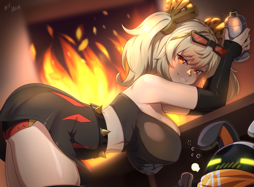 absurdres artist_name bandeau bangboo_(zenless_zone_zero) bent_over black_skirt blonde_hair breasts burnice_white commentary female fire grin highres holding large_breasts looking_at_another midriff miniskirt orange_eyes short_hair skirt smile strapless thighs tube_top two_side_up vilde_loh_hocen zenless_zone_zero