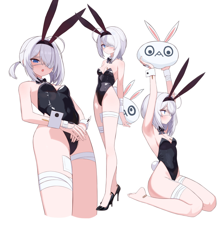 absurdres ahoge animal_ears armpits arms_up bandaged_leg bandages bandaid bandaids_on_nipples bare_legs bare_shoulders bebetang black_footwear black_leotard black_survival blue_eyes bow bowtie breasts carrying detached_collar eternal_return:_black_survival eyepatch fake_animal_ears female hair_over_one_eye hairband high_heels highleg highleg_leotard highres leotard looking_at_viewer medium_hair multiple_views pasties playboy_bunny profile rabbit_ears seiza simple_background sissela_kyle sitting small_breasts strapless strapless_leotard thighs white_background white_hair wrist_cuffs