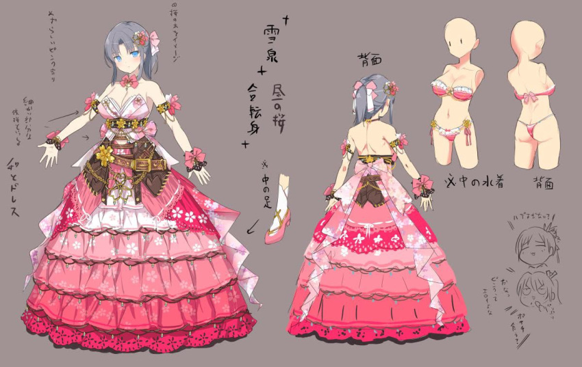 armlet ass asuka_(senran_kagura) ballroom_gown bare_shoulders belt bikini black_choker black_wrist_cuffs blue_eyes blush bow bow_choker breasts brown_background butt_crack chibi chibi_inset chips_(food) choker cleavage clothes_on/clothes_off collarbone concept_art dress eating emblem female floral_print_dress flower food frilled_dress frills from_behind full_body gold grey_hair hair_flower hair_ornament hairbow high_heels homura_(senran_kagura) horizontal-striped_bikini japanese_clothes jewelry lace-trimmed_bikini lace-trimmed_dress lace_trim large_breasts looking_at_viewer low_neckline median_furrow multicolored_flower multiple_views navel notes official_alternate_costume official_alternate_hairstyle official_art pink_bikini pink_bow pink_dress pink_flower pink_footwear ponytail potato_chips production_art reference_sheet senran_kagura senran_kagura_new_link senran_kagura_shinovi_versus short_hair shoulder_blades side-tie_bikini_bottom simple_background sleeveless sleeveless_dress socks solo standing strapless strapless_bikini strapless_dress striped_bow swimsuit thong_bikini translation_request turnaround underbust variations waist_bow white_bow white_socks wrist_bow wrist_cuffs yaegashi_nan yumi_(senran_kagura)