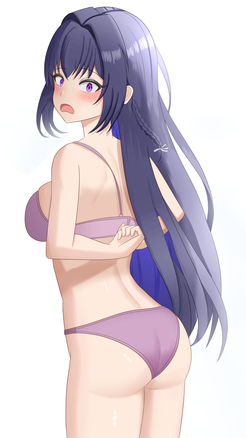 absurdres bad_source blush breasts female from_behind highres long_hair looking_at_viewer original removing_bra solo underwear white_background