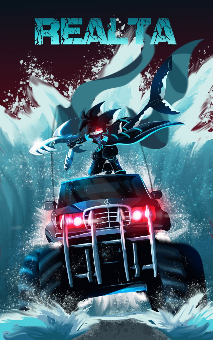 absurd_res anthro car clothing coat color_contrast engine fish flag flag_(object) great_white_shark hi_res humanoid hybrid mackerel_shark male marine monster_truck neon poster realta realta22 red_eyes sea shark shark_tail solo storm topwear truck_(vehicle) vehicle water wave weapon white_shark