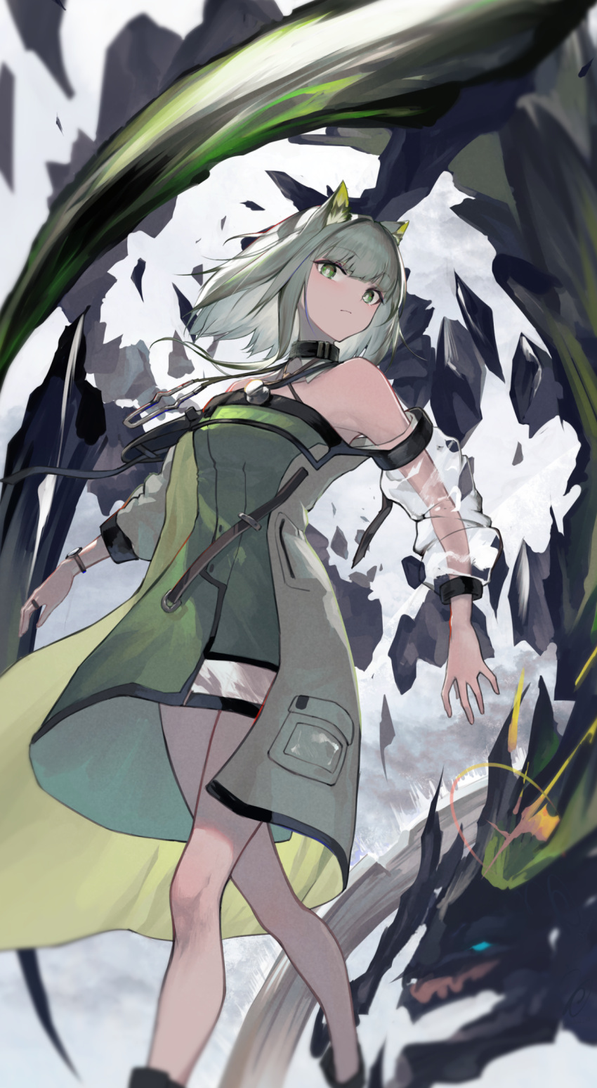 :| animal_ears arknights bare_shoulders black_collar breasts bright_pupils cat_ears closed_mouth coat collar commentary_request detached_collar dress expressionless feet_out_of_frame female floating_hair green_dress green_eyes green_hair halterneck highres kal'tsit_(arknights) lab_coat long_sleeves looking_at_viewer medium_breasts medium_hair mon3tr_(arknights) monster no_nose off-shoulder_dress off-shoulder_jacket off_shoulder open_clothes originium_(arknights) originium_arts_(arknights) partial_commentary see-through_clothes see-through_sleeves solo standing stethoscope ukai_(fmxc3282) watch white_coat white_pupils wristwatch