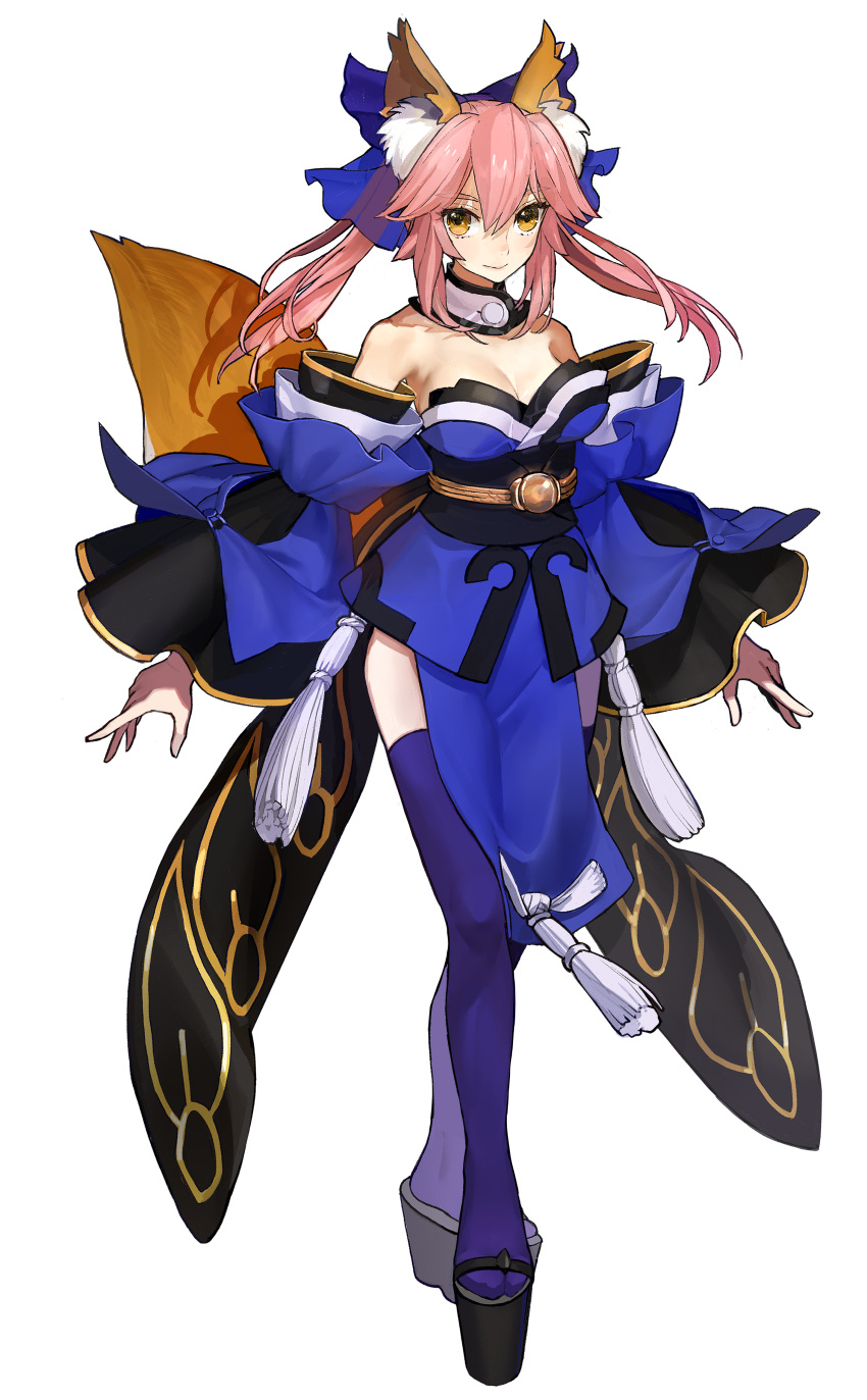 absurdres animal_ears arms_at_sides blue_bow blue_skirt blue_sleeves blue_thighhighs bow breasts brown_eyes cleavage closed_mouth detached_collar detached_sleeves fate/extella fate/extella_link fate/extra fate_(series) female fox_ears fox_tail full_body hairbow highres large_breasts long_hair looking_at_viewer obi official_art pink_hair sash simple_background skirt smile solo standing tachi-e tail tamamo_(fate) tamamo_no_mae_(fate/extra) tassel thighhighs transparent_background twintails wada_arco