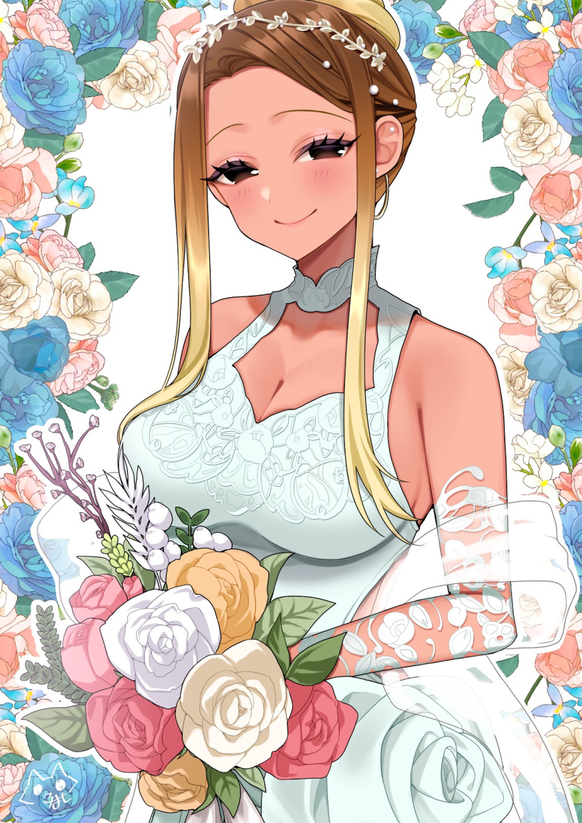 blonde_hair blush bouquet breasts brown_hair cleavage cleavage_cutout clothing_cutout dress earrings female floral_background forehead gradient_hair half-closed_eyes hamcheeseand highres holding holding_bouquet hoop_earrings idolmaster idolmaster_shiny_colors izumi_mei jewelry large_breasts looking_at_viewer multicolored_hair see-through_clothes see-through_shawl shawl sidelocks signature sleeveless sleeveless_dress smile solo tan upper_body wedding_dress white_dress