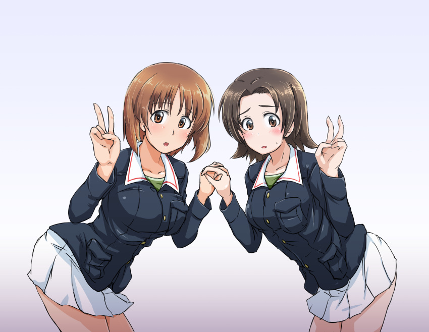 2girls blue_jacket blush brown_eyes brown_hair commentary_request girls_und_panzer green_shirt highres holding_hands interlocked_fingers jacket kabutowari leaning_forward light_frown long_sleeves looking_at_viewer military_uniform miniskirt multiple_girls nishizumi_miho ooarai_military_uniform open_mouth parted_bangs pleated_skirt sawa_azusa shirt short_hair skirt standing sweatdrop undershirt v white_skirt