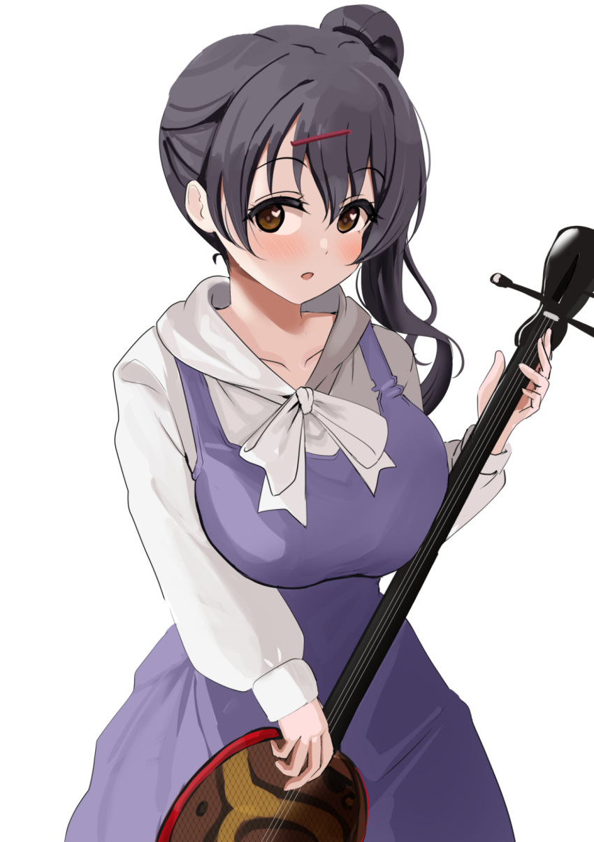 akamine_ten black_hair blue_skirt blush breasts brown_eyes collarbone commentary_request female hair_between_eyes hair_ornament hairclip heart heart-shaped_pupils highres instrument instrument_request large_breasts long_hair long_sleeves looking_at_viewer love_live! love_live!_nijigasaki_high_school_idol_club music open_mouth overall_skirt pisagi playing_instrument shirt side_ponytail simple_background skirt solo symbol-shaped_pupils white_background white_shirt