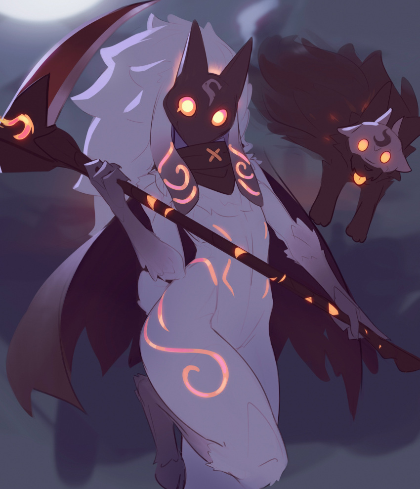 absurdres black_cape body_fur cape cheap_(cheapdraw) female floating foot_up glowing glowing_eyes highres holding holding_scythe kindred_(league_of_legends) lamb_(league_of_legends) league_of_legends mask orange_eyes scythe tongue tongue_out torn_cape torn_clothes white_fur wolf_(league_of_legends)