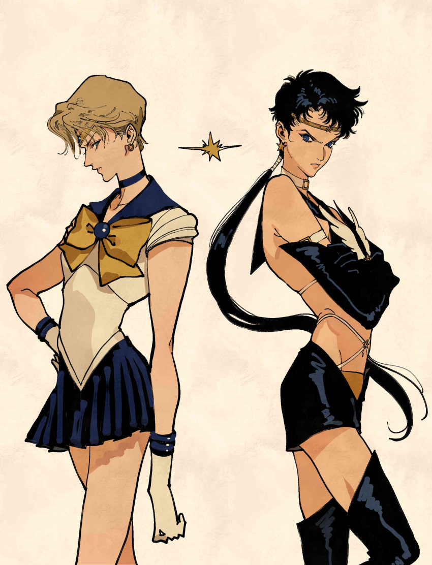 2girls absurdres androgynous bishoujo_senshi_sailor_moon bishoujo_senshi_sailor_moon_stars black_footwear black_gloves black_hair black_sailor_collar black_shorts blonde_hair blue_choker blue_eyes blue_sailor_collar boots bow choker earrings frown gloves gold_tiara green_eyes highres jewelry koyasuyasuko12 long_hair looking_at_another magical_girl miniskirt multiple_girls navel ponytail sailor_collar sailor_senshi_uniform seiya_kou short_hair short_shorts shorts simple_background skirt star_(symbol) star_earrings ten'ou_haruka thigh_boots tiara tomboy very_long_hair very_short_hair white_background white_choker white_gloves yellow_bow