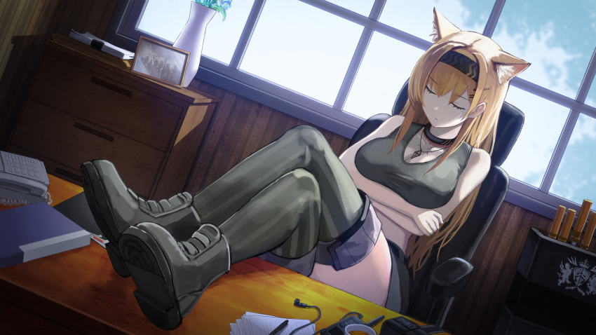 animal_ear_fluff animal_ears arknights arms_under_breasts black_choker black_footwear black_hairband black_shorts blonde_hair blue_flower book boots breasts cabinet chair choker cleavage closed_eyes closed_mouth commentary_request commission corded_phone crop_top dutch_angle earbuds earphones female flower grey_tank_top grey_thighhighs hairband highres horn_(arknights) indoors jewelry large_breasts legs_on_table long_hair necklace office office_chair on_chair phone photo_(object) picture_frame pixiv_commission sentou_kouhei_kitsune short_shorts shorts sidelocks sitting sleeping solo swivel_chair table tank_top thighhighs vase walkie-talkie window wolf_ears wolf_girl wooden_table