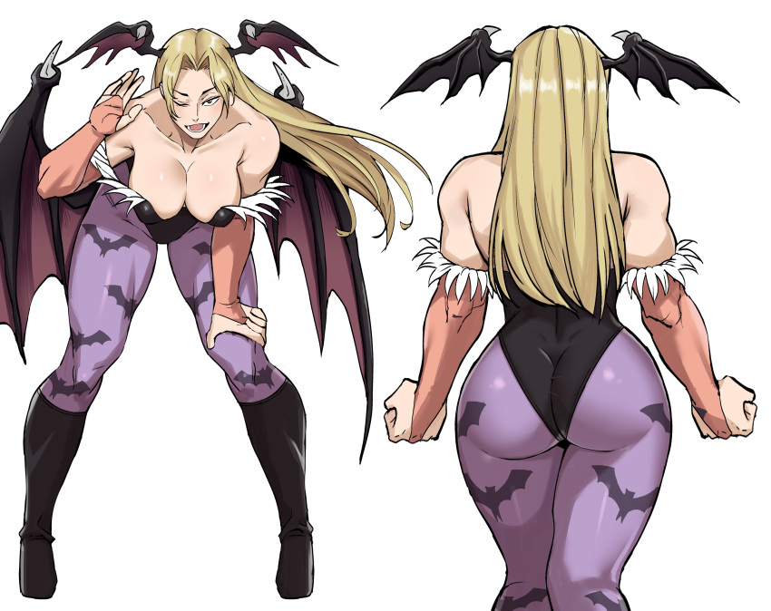 absurdres ass bat_wings blonde_hair boots breasts bridal_gauntlets cleavage cosplay female from_behind head_wings highres jujutsu_kaisen leaning_forward leotard long_hair mg991998 morrigan_aensland morrigan_aensland_(cosplay) multiple_views one_eye_closed open_mouth simple_background solo tsukumo_yuki_(jujutsu_kaisen) white_background wings