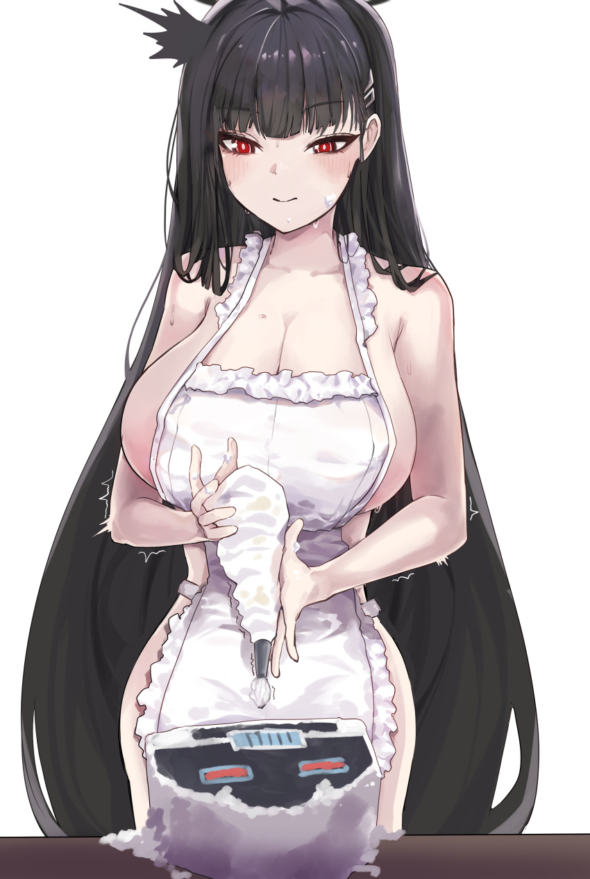 absurdres apron bare_shoulders black_hair blue_archive blush breasts cake cleavage female food hair_ornament hairclip highres large_breasts lir_(cuhc3357) long_hair naked_apron pastry_bag red_eyes rio_(blue_archive) sideboob simple_background smile solo very_long_hair white_background