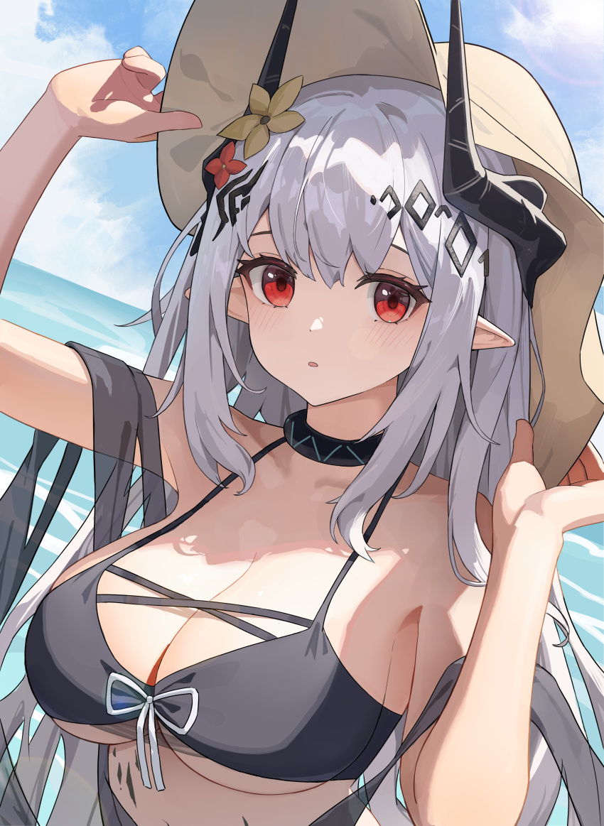 absurdres arknights bikini black_bikini black_horns blue_sky breasts chinese_commentary cleavage commentary_request female flower grey_hair hair_flower hair_ornament hat highres horns large_breasts long_hair looking_at_viewer mudrock_(arknights) mudrock_(silent_night)_(arknights) ocean official_alternate_costume outdoors parted_lips pointy_ears red_eyes sky solo sun_hat swimsuit upper_body xiandai_quanru yellow_hat