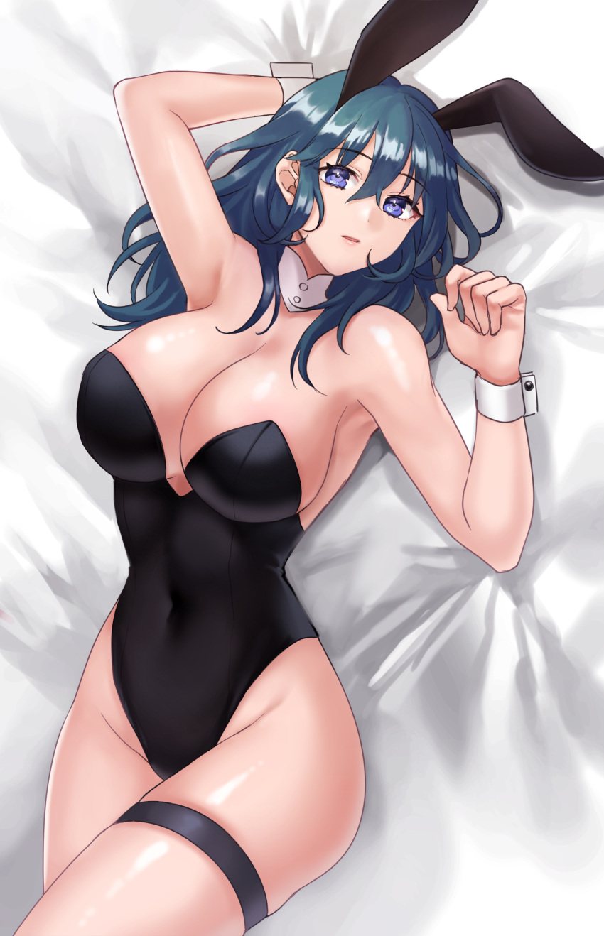 absurdres animal_ears arm_up armpits bed_sheet black_leotard blue_eyes blue_hair breasts byleth_(female)_(fire_emblem) byleth_(fire_emblem) cleavage covered_navel detached_collar female fire fire_emblem fire_emblem:_three_houses hazuki_(nyorosuke) highleg highleg_leotard highres large_breasts leotard looking_at_viewer lying navel on_back on_bed playboy_bunny rabbit_ears shiny_skin solo thigh_strap wrist_cuffs