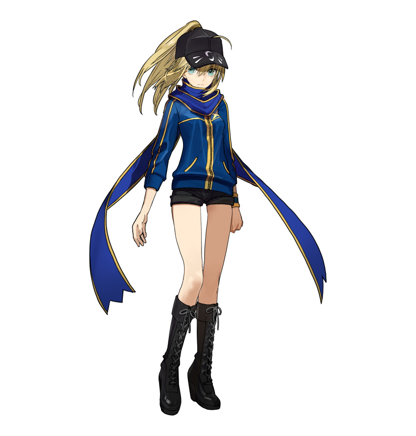 absurdres ahoge artoria_pendragon_(fate) black_footwear black_hat black_shorts blonde_hair blue_jacket blue_scarf boots closed_mouth fate/extella fate/extra fate/grand_order fate_(series) female floating_hair full_body green_eyes hair_between_eyes hat high_ponytail highres jacket knee_boots long_hair looking_at_viewer mysterious_heroine_x_(fate) official_art rojiura_satsuki:_chapter_heroine_sanctuary scarf short_shorts shorts simple_background solo standing thighhighs transparent_background visor_cap wada_arco wrist_cuffs zipper