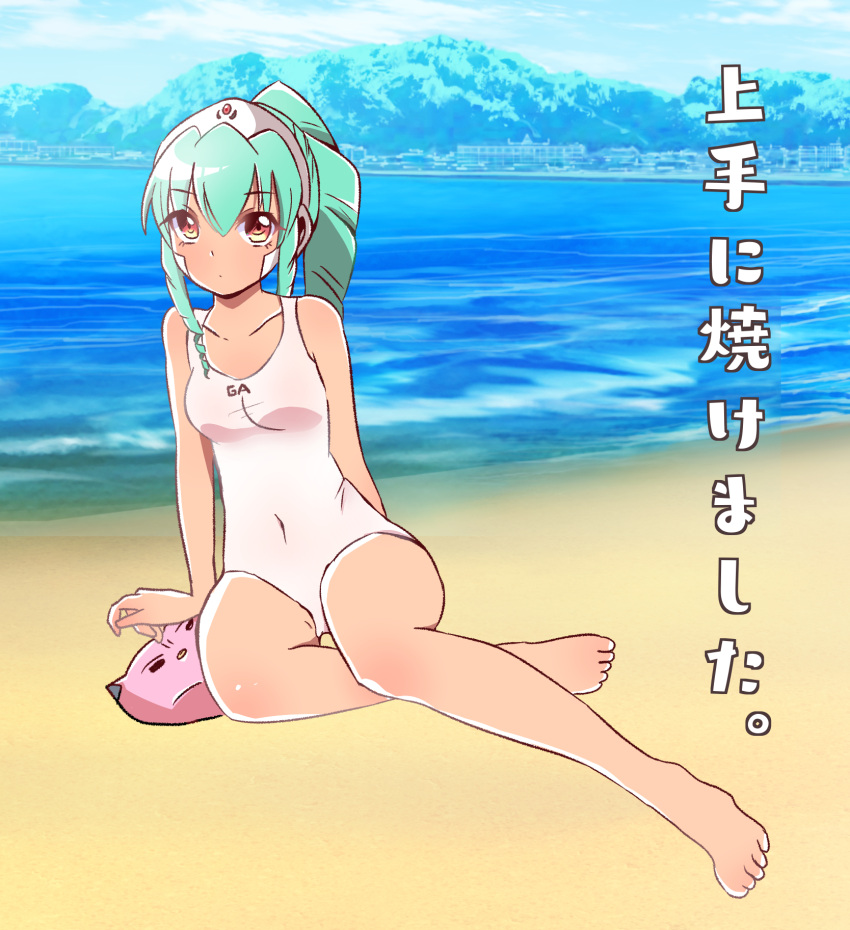 beach breasts collarbone covered_navel drill_hair drill_sidelocks female full_body galaxy_angel green_hair hair_ornament highres long_hair looking_at_viewer medium_breasts medium_hair new_yorker_(togawa_hamasaki) normad ocean on_floor one-piece_swimsuit outdoors ponytail red_eyes sand sidelocks solo swimsuit tan translation_request vanilla_h white_one-piece_swimsuit