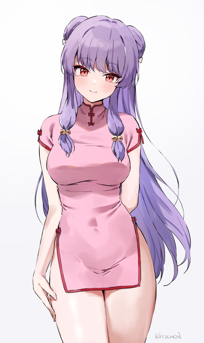 arm_behind_back bare_arms breasts china_dress chinese_clothes closed_mouth covered_navel cowboy_shot double_bun dress eyeshadow female hair_bun hand_on_own_thigh head_tilt highres kaetzchen long_hair looking_at_viewer makeup medium_breasts no_panties pelvic_curtain pink_dress purple_hair ranma_1/2 red_eyes shampoo_(ranma_1/2) short_dress short_sleeves simple_background smile solo standing thighs very_long_hair white_background