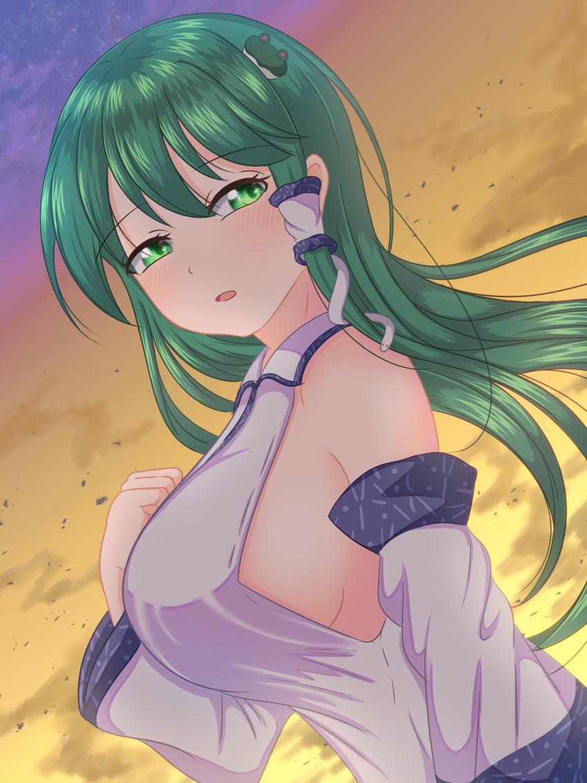 absurdres baketsumuri blush breasts detached_sleeves dusk female frog_hair_ornament from_side green_eyes green_hair hair_ornament highres kochiya_sanae large_breasts long_hair looking_at_viewer looking_to_the_side open_mouth orange_sky outdoors shirt sky sleeveless sleeveless_shirt snake_hair_ornament touhou twilight upper_body white_shirt