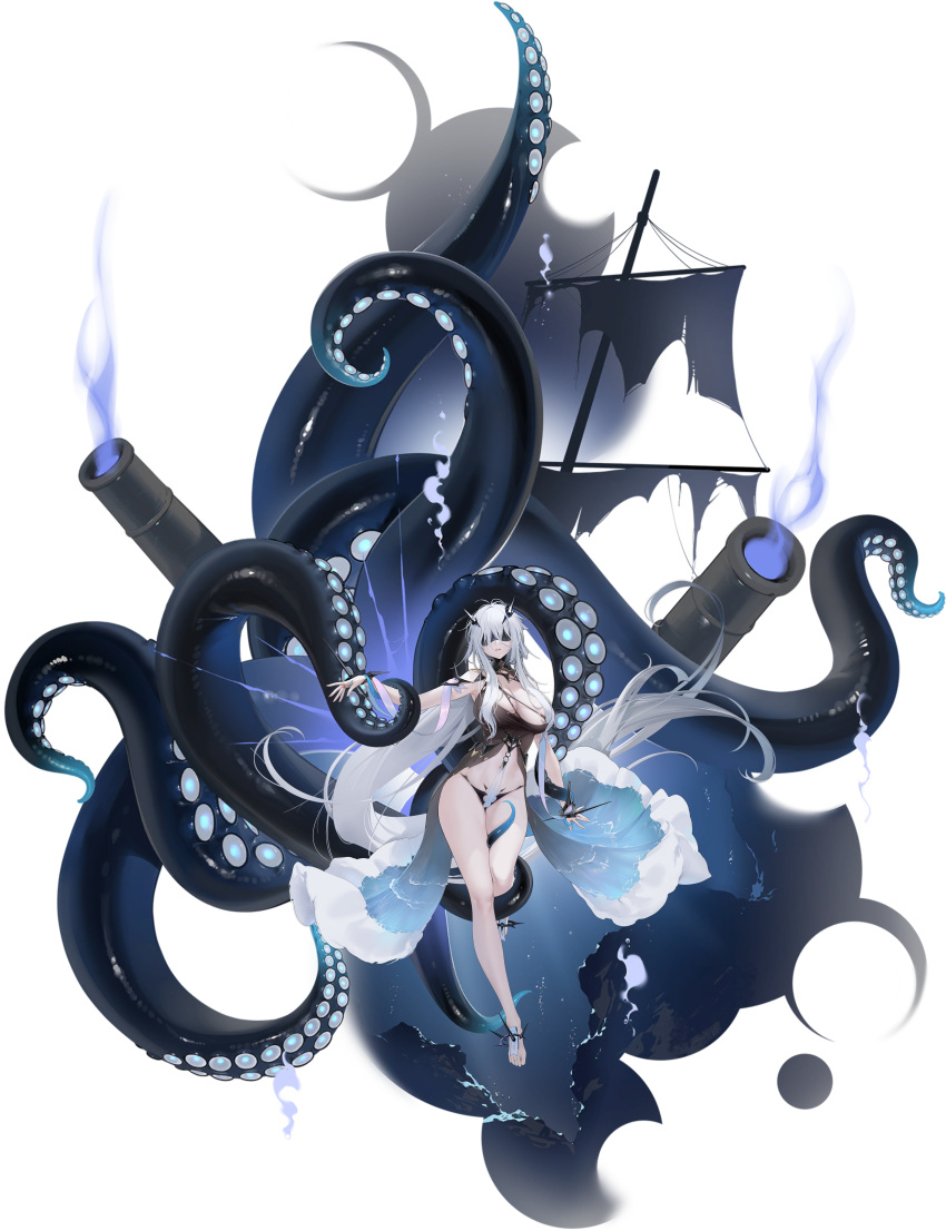 absurdly_long_hair absurdres artist_request azur_lane bare_shoulders barefoot between_legs bikini bikini_bottom_only black_bikini black_dress black_gloves blindfold boat breasts bubble cameltoe cannon center_opening cleavage collar collarbone covered_navel curvy detached_collar dress eldritch_abomination fancy_(azur_lane) female fingerless_gloves fingernails fire full_body gloves gradient_clothes gradient_dress hair_between_eyes headgear highres horns jewelry large_breasts legs long_hair machinery mast navel non-web_source o-ring official_art ohisashiburi open_clothes open_dress panties parted_lips purple_fire revealing_clothes rigging ship sidelocks simple_background skindentation sleeveless sleeveless_dress solo standing stomach string_panties suction_cups swimsuit teeth tentacle thighs toenails toes torn_clothes torn_dress transparent_background turret underwear very_long_hair water watercraft white_hair