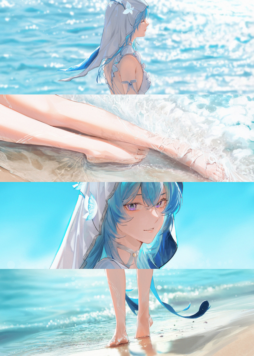 absurdres armlet beach blue_butterfly blue_hair blue_veil breasts bug butterfly closed_eyes colored_eyelashes compilation dress feet female foot_focus hair_between_eyes highres jewelry legs long_hair looking_at_viewer lufi_ays ocean purple_eyes purple_pupils silver_armlet sleeveless sleeveless_dress solo the_shorekeeper_(wuthering_waves) two-tone_veil veil waves white_dress white_veil wuthering_waves