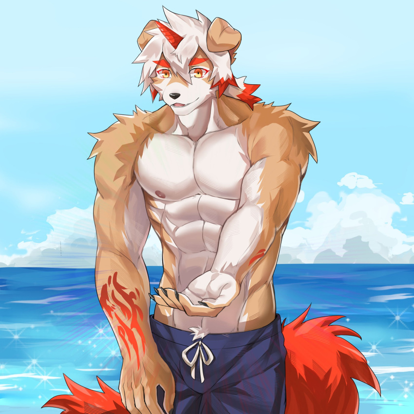 1boy abs arknights arm_tattoo bara blue_male_swimwear blue_shorts blue_sky claws cloud colored_tips diffraction_spikes ff1162167867 furry furry_male hashtag-only_commentary highres horns hung_(arknights) komainu_boy komainu_ears komainu_tail male_focus male_swimwear multicolored_hair muscular muscular_male nipples ocean open_hand orange_eyes outstretched_hand pectorals shorts single_horn sky smile tattoo topless_male