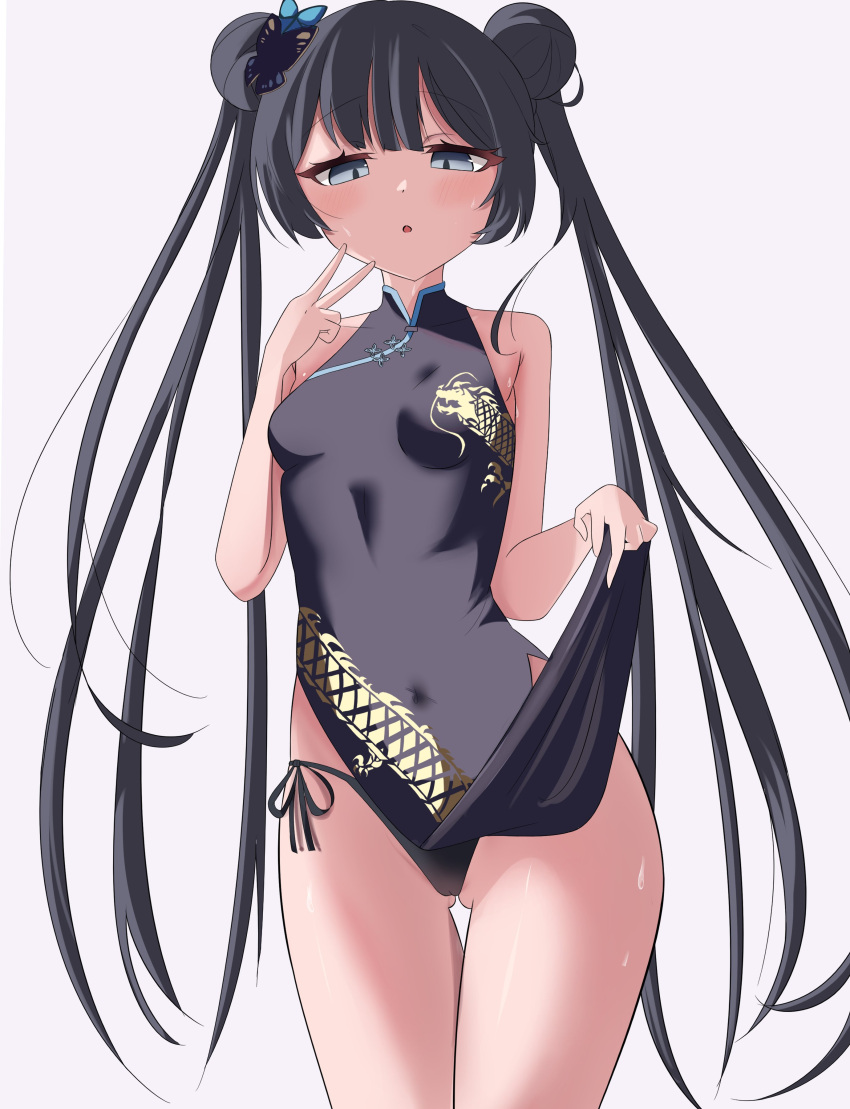 absurdres artistkouhai black_panties blue_archive blush breasts china_dress chinese_clothes clothes_lift double_bun dress female hair_bun highres kisaki_(blue_archive) long_hair looking_at_viewer open_mouth panties pelvic_curtain pelvic_curtain_lift shirt side-tie_panties simple_background solo underwear v white_background