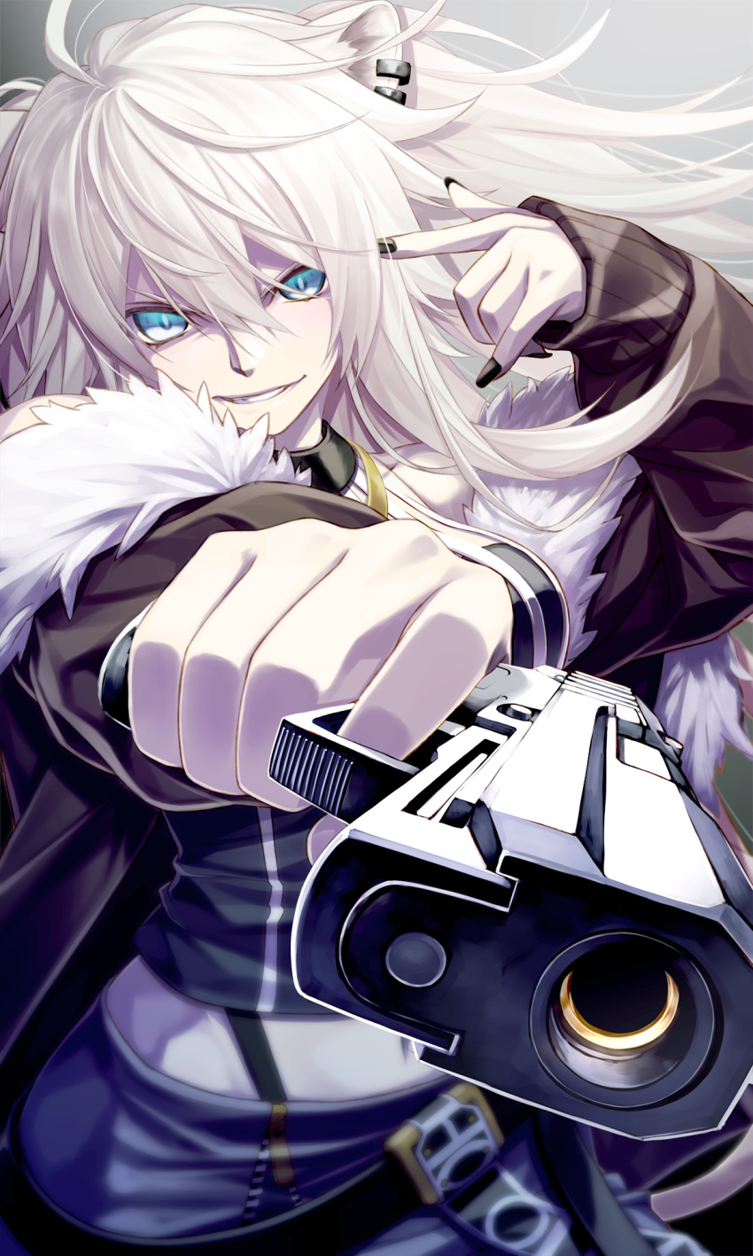 ahoge aiming aiming_at_viewer animal_ears belt black_nails black_shirt blue_eyes breasts close-up commentary_request ear_piercing female fenrir_(fenlil0316) finger_on_trigger fur-trimmed_jacket fur_trim gangsta_hold grey_background grey_hair grin gun hair_between_eyes handgun highres holding holding_gun holding_weapon hololive jacket large_breasts lion_ears lion_girl long_hair long_sleeves looking_at_viewer miniskirt navel partial_commentary piercing pointing pointing_at_self shirt shishiro_botan shishiro_botan_(1st_costume) skirt smile solo two_side_up virtual_youtuber weapon