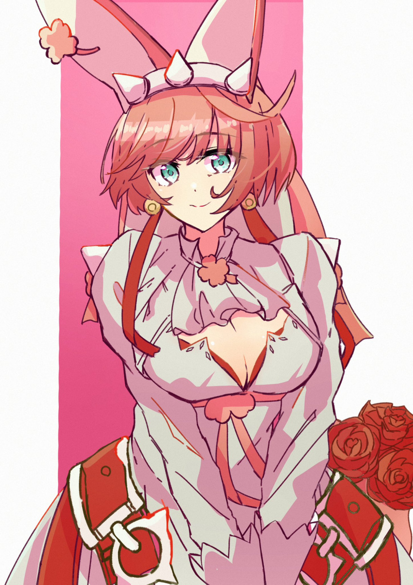 animal_ears breasts cleavage cowboy_shot dress elphelt_valentine fake_animal_ears female flower green_eyes guilty_gear guilty_gear_xrd highres large_breasts pink_background pink_hair rabbit_ears red_flower red_rose rose short_hair smile sollo tam002 white_dress