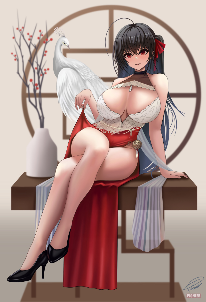 absurdres ahoge arm_support artist_name azur_lane bare_arms bare_legs bare_shoulders bird black_footwear black_hair blurry blurry_background breasts crossed_bangs crossed_legs dot_nose dress female fingernails full_body hair_ribbon high_heels highres indoors large_breasts legs lifting_own_clothes long_hair looking_at_viewer one_side_up open_mouth parted_lips plant potted_plant red_dress red_eyes red_ribbon ribbon signature sitting solo swan table taihou_(azur_lane) thighs white_bustier zekong_pioneer