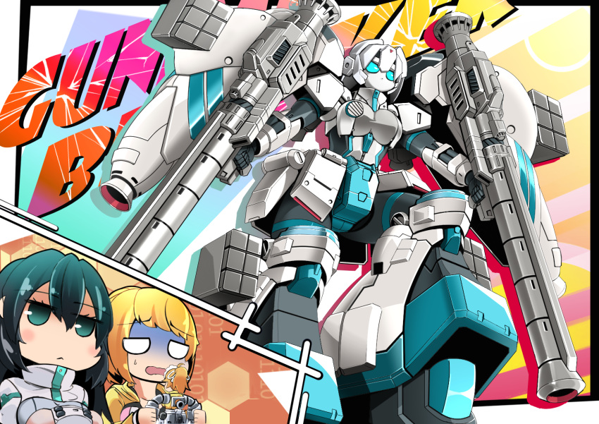 2girls aqua_hair black_hair blonde_hair breasts controller dual_wielding expressionless fusion gradient_hair green_eyes gun gundam gundam_breaker_4 gundam_build_divers gundam_build_divers_re:rise gundam_build_fighters gundam_build_fighters_try gundam_gp-02_physalis gunpla highres holding holding_controller holding_gun holding_toy holding_weapon hoshino_fumina in-franchise_crossover mecha medium_breasts mobile_doll_may model_kit multicolored_hair multiple_girls ponytail raised_inner_eyebrows robot shaded_face shrug_(clothing) sibelurabbi super_fumina sweatdrop toy weapon white_eyes