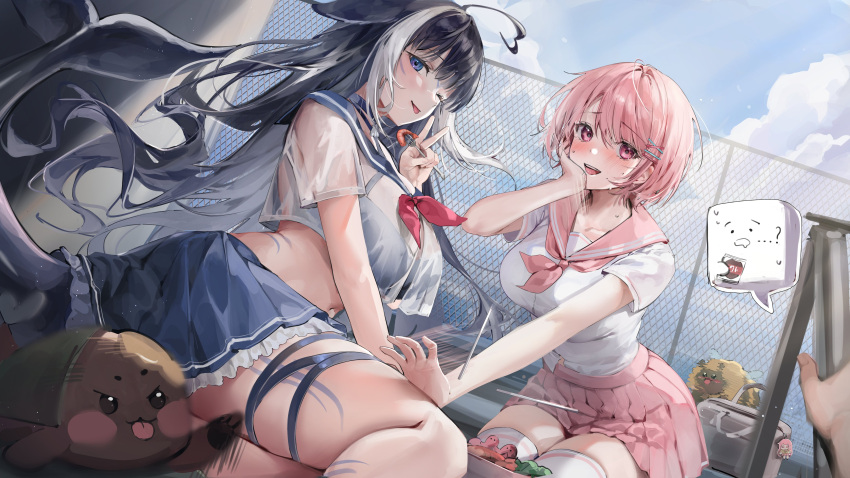 2girls absurdres ahoge animal_ears bento bikini bikini_under_clothes black_hair blue_collar blue_skirt blush breasts cetacean_tail chain-link_fence chopsticks collar fence fins fish_tail food hair_ornament hairclip hand_on_another's_thigh hand_on_own_cheek hand_on_own_face heart heart_ahoge highres honey_churros indie_virtual_youtuber large_breasts lillly long_hair looking_at_viewer multicolored_hair multiple_girls neckerchief one_eye_closed open_mouth orca_girl outdoors pink_eyes pink_hair pink_neckerchief pink_sailor_collar pink_skirt pleated_skirt purple_eyes red_neckerchief sailor_collar school_uniform see-through_clothes see-through_shirt serafuku shirt short_hair short_sleeves shylily shylily_(1st_costume) sitting skirt sky smile streaked_hair swimsuit tail tattoo thigh_strap thighhighs thighs thought_bubble v virtual_youtuber wet wet_clothes wet_shirt white_hair white_shirt white_thighhighs