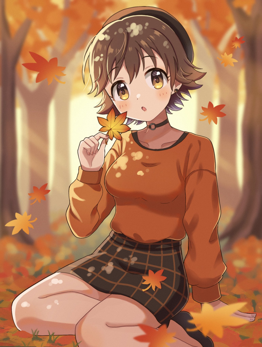 alternate_costume arm_at_side autumn autumn_leaves beret black_collar black_footwear black_hat black_skirt blush breasts brown_eyes brown_hair collar collarbone commentary_request earrings falling_leaves female fingernails hand_up hat highres holding holding_leaf honda_mio idolmaster idolmaster_cinderella_girls jewelry kneeling leaf long_sleeves looking_at_viewer medium_breasts nature open_mouth orange_sweater outdoors shoes short_hair sidelocks sitting skirt solo sweater swept_bangs three_quarter_view tree yakitouhu3