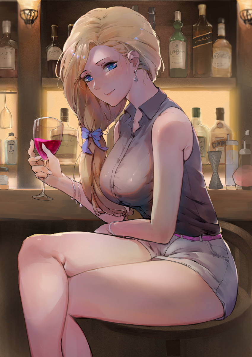 absurdres alcohol alternate_costume azur_lane bar_(place) bare_shoulders belt blonde_hair blue_bow blue_eyes bow breasts collared_shirt crossed_legs cup drinking_glass earrings female from_side grey_shirt gundamggpp hair_over_shoulder hairbow highres holding holding_cup hood_(azur_lane) indoors jewelry large_breasts leaning_forward looking_at_viewer pink_belt shirt shorts sitting sleeveless sleeveless_shirt solo whiskey white_shorts wine_glass