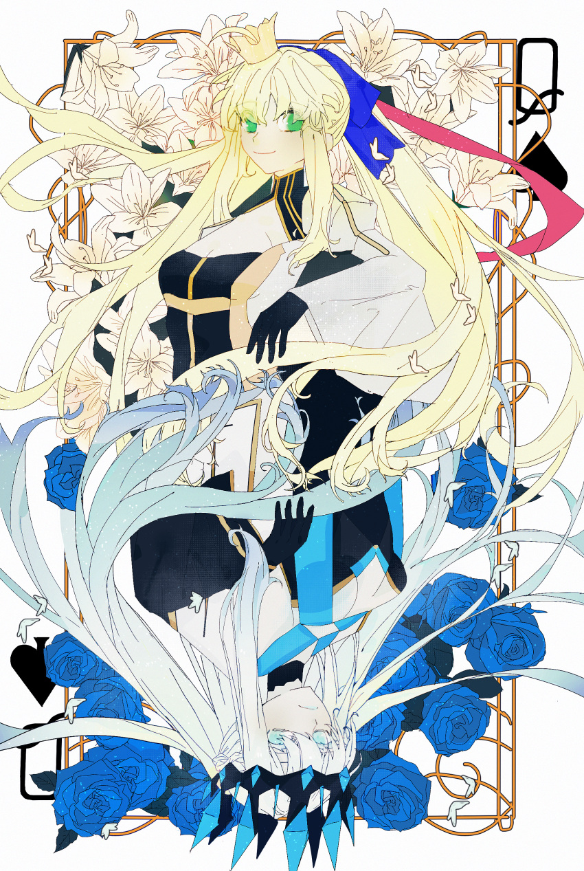 2girls absurdres ahoge artoria_caster_(fate) artoria_caster_(third_ascension)_(fate) artoria_pendragon_(fate) av4399 black_gloves blonde_hair blue_bow blue_eyes blue_flower blue_hair blue_lips blue_rose bow braid breasts breasts_apart cleavage closed_mouth commentary contrast crown english_commentary expressionless fate/grand_order fate_(series) floating_hair floral_background flower gloves gradient_hair green_eyes hairbow highres light_blue_hair lily_(flower) lipstick long_hair long_sleeves looking_at_viewer makeup mini_crown morgan_le_fay_(fate) morgan_le_fay_(queen_of_winter)_(fate) multicolored_hair multiple_girls ponytail reversed rose sidelocks small_breasts smile split_theme straight_hair symmetrical_pose symmetry white_background white_eyelashes white_flower white_hair wide_sleeves