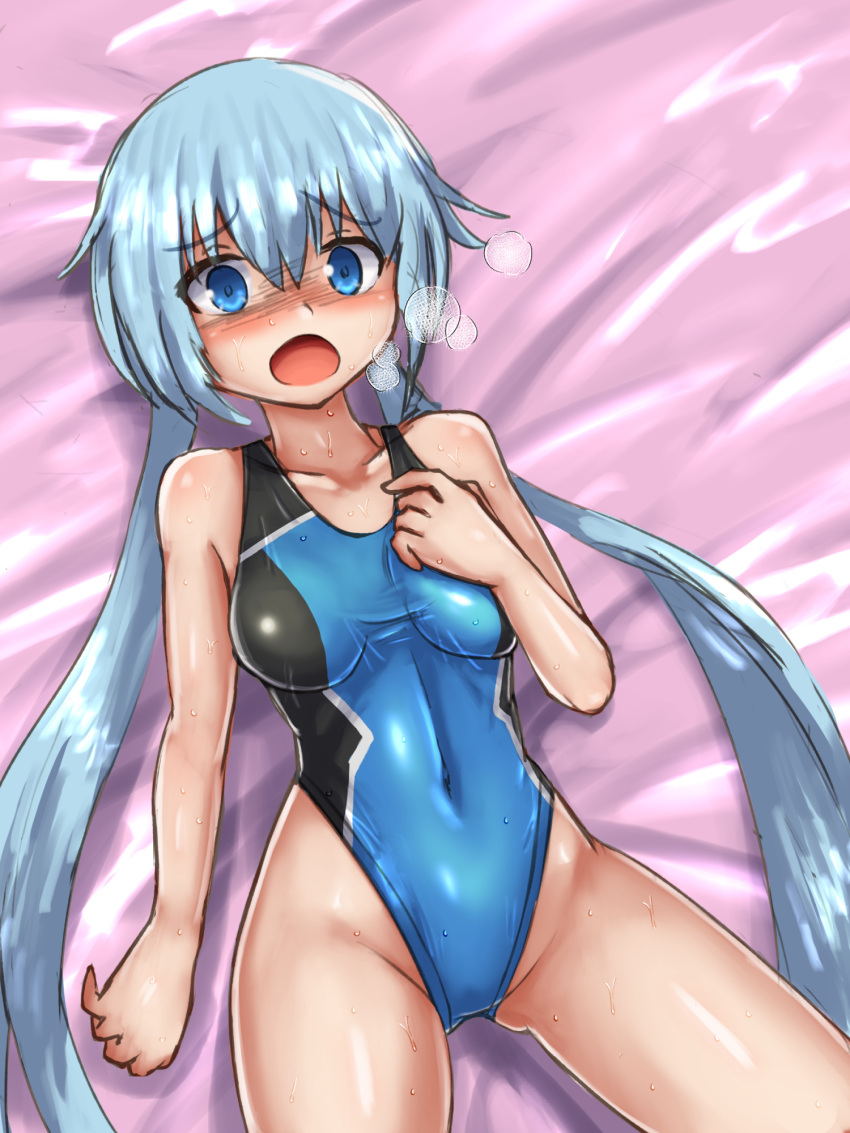 blue_eyes blue_hair blue_one-piece_swimsuit breasts breath competition_swimsuit covered_navel cowboy_shot female frame_arms_girl groin highleg highleg_one-piece_swimsuit highres looking_at_viewer low_twintails lying medium_breasts one-piece_swimsuit solo stylet swimsuit twintails two-tone_swimsuit yotarou_(yotaro_bandit)