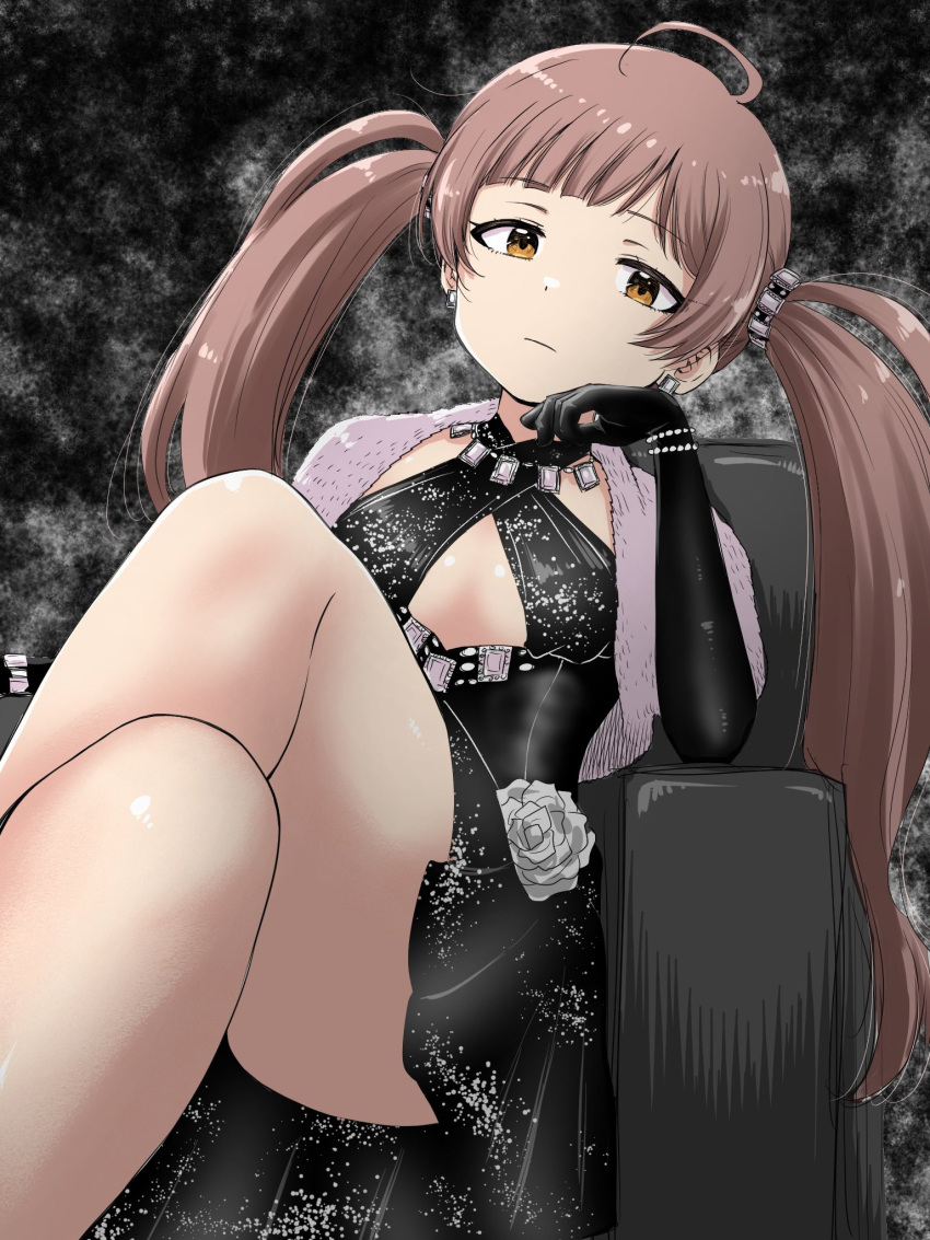 ahoge black_background black_dress black_gloves blunt_bangs bracelet breasts brown_eyes brown_hair cape cleavage cleavage_cutout closed_mouth clothing_cutout couch crossed_legs dot_nose dress earrings elbow_gloves expressionless eyelashes female flower from_below fur_cape gloves hakozaki_serika halter_dress halterneck head_rest head_tilt highres idolmaster idolmaster_million_live! idolmaster_million_live!_theater_days jewelry long_hair looking_at_viewer looking_down matcha_kingyo necklace on_couch rose sidelocks sitting small_breasts solo thighs twintails very_long_hair white_flower white_rose