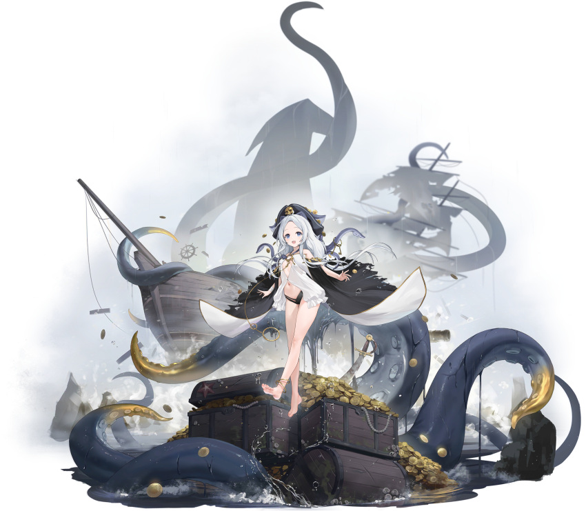 absurdres azur_lane barefoot black_panties blue_eyes breasts coin dolphin_(azur_lane) dress female hat highres ink kraken logo navel non-web_source official_art open_clothes open_dress open_mouth panties petite pirate_hat revealing_clothes saber_(weapon) sailing_ship small_breasts smile solo stomach suction_cups sword tentacle tentacle_hair toes treasure treasure_chest underwear water weapon white_dress white_hair