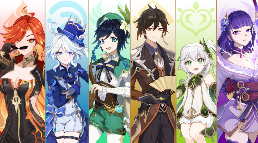 2boys 4girls absurdres ahoge aqua_eyes ascot bare_shoulders beret black_bodysuit black_hair blue_ascot blue_hair blue_hat blue_jacket bodysuit breasts brooch brown_coat brown_eyes brown_hair cleavage coat dress folding_fan furina_(genshin_impact) genshin_impact green_hat green_shorts hand_fan hat highres holding holding_fan huangwanzi jacket japanese_clothes jewelry kimono long_hair long_sleeves looking_at_viewer mavuika_(genshin_impact) mole mole_under_eye multicolored_hair multiple_boys multiple_girls nahida_(genshin_impact) obi orange_eyes orange_hair pantyhose purple_eyes purple_hair purple_kimono raiden_shogun red_sash sash shirt shorts side_ponytail streaked_hair thigh_strap top_hat venti_(genshin_impact) very_long_hair white_dress white_hair white_pantyhose white_shirt white_shorts zhongli_(genshin_impact)