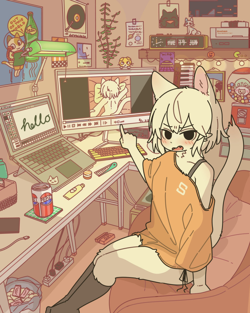 1girls anthro blush blush_lines cat_ears cat_tail catgirl computer doremifaso64 felid feline feline felis female female_focus female_only furry gumball_machine looking_at_viewer mac_os pac-man pac-man_(series) panties pepsi solo solo_anthro solo_female solo_focus watching watching_porn white_body white_fur white_hair white_skin