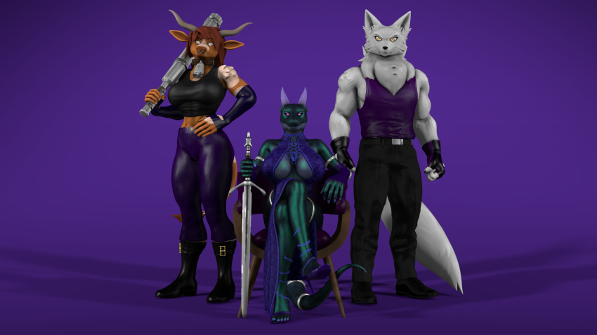 16:9 3d_(artwork) angry anthro armwear belt big_breasts black_sclera blue_body boots bottomwear bovid bovine breasts brown_body brown_fur brown_hair canid canine canis cattle cattle_(petruz) chair chest_tuft choker cleavage clothed clothing colored_nails cowbell crossed_legs digital_media_(artwork) dress elbow_gloves female fist footwear frown fur furgonomics furniture gloves grey_eyes grin grinning_at_viewer group hair hand_on_hip handwear hi_res high_heels horn jewelry lizard lizard_(petruz) longhorn looking_at_viewer mace male mammal melee_weapon muscular muscular_female muscular_male nails narrowed_eyes necklace on_chair orange_eyes pants petruz_(copyright) purple_background purple_bottomwear purple_clothing purple_dress purple_eyes purple_pants purple_shirt purple_topwear reptile scalie shirt shoes simple_background sitting sitting_on_chair smile source_filmmaker_(artwork) sword tank_top thevestige topwear trio tuft weapon white_body white_fur widescreen wolf wolf_(petruz)